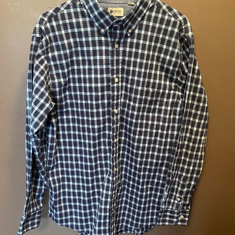 Haggar Navy and White Plaid Button-Down Shirt
